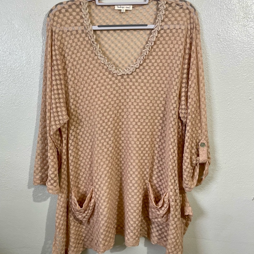 Crochet Lace Tunic XL Beige Scoop Neck Sheer Boho Festival Indigo Soul